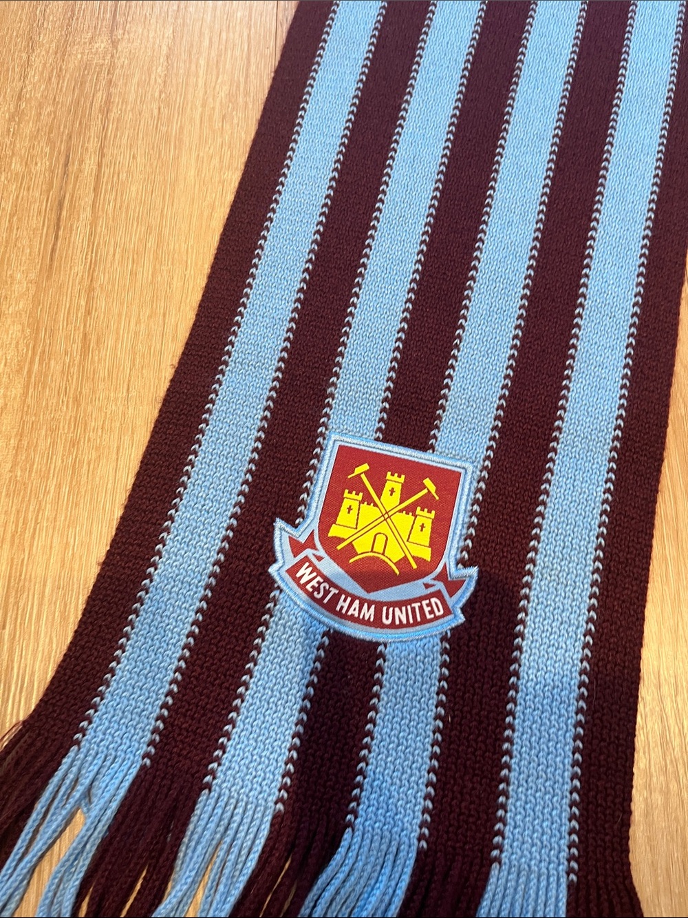 Striped Maroon and Light Blue Football Scarf - Club Crest - Picture 2 of 3